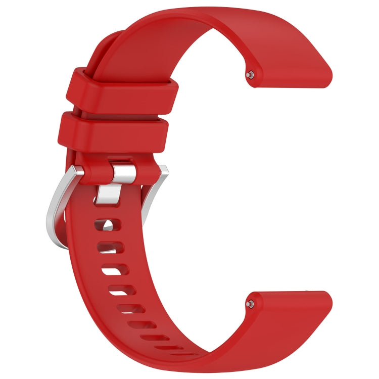 Red silicone watch band for Garmin Venu 3 with glossy silver buckle, showcasing its stylish design and comfortable fit.
